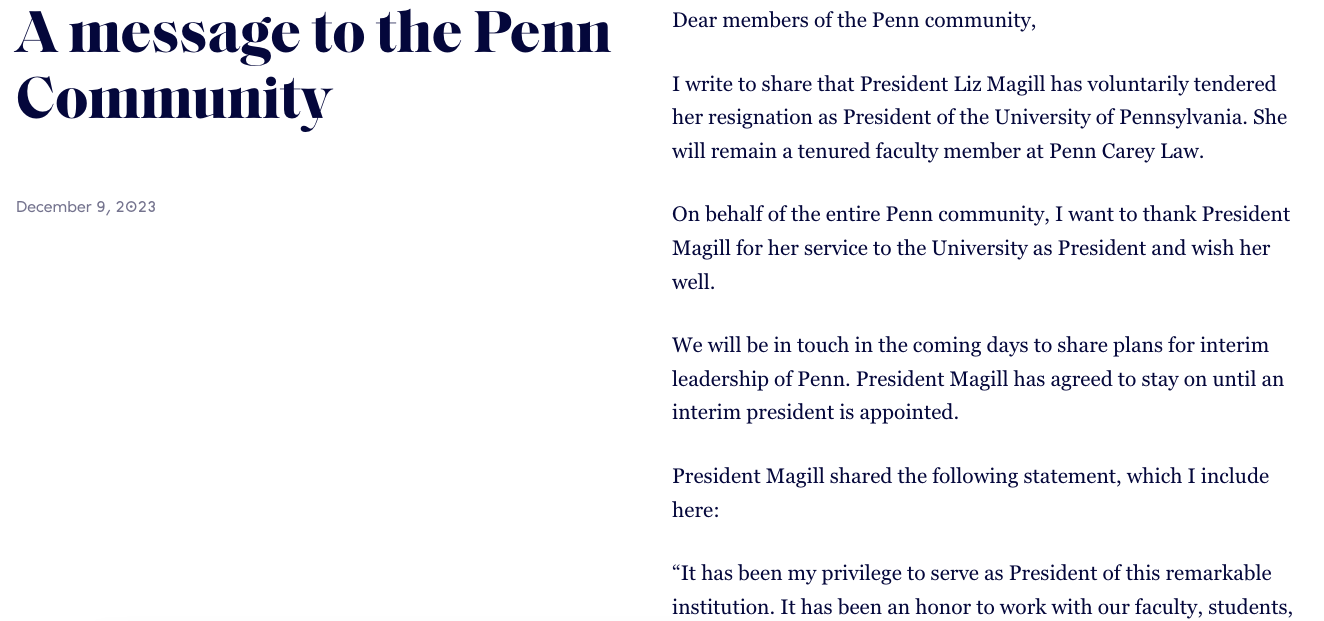 UPenn President Resigns Following Controversial Congressional Testimony