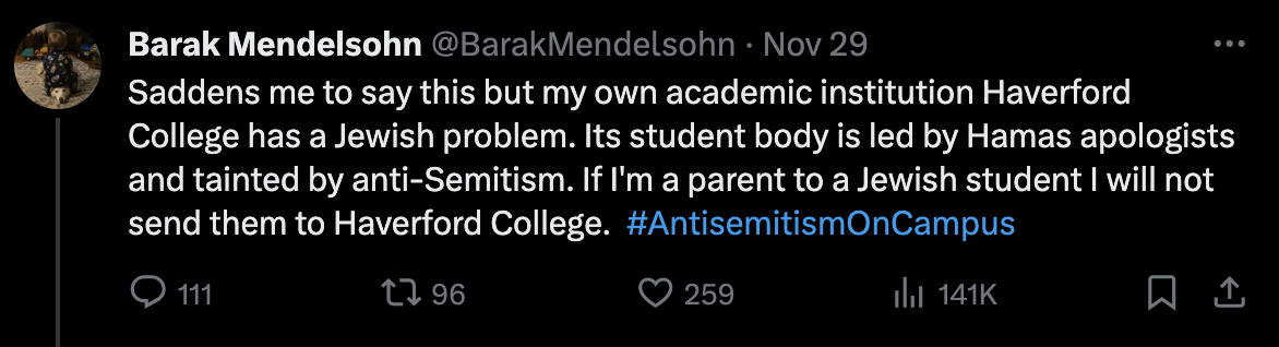 Haverford Professor Barak Mendelsohn’s Tweet Sparks Controversy